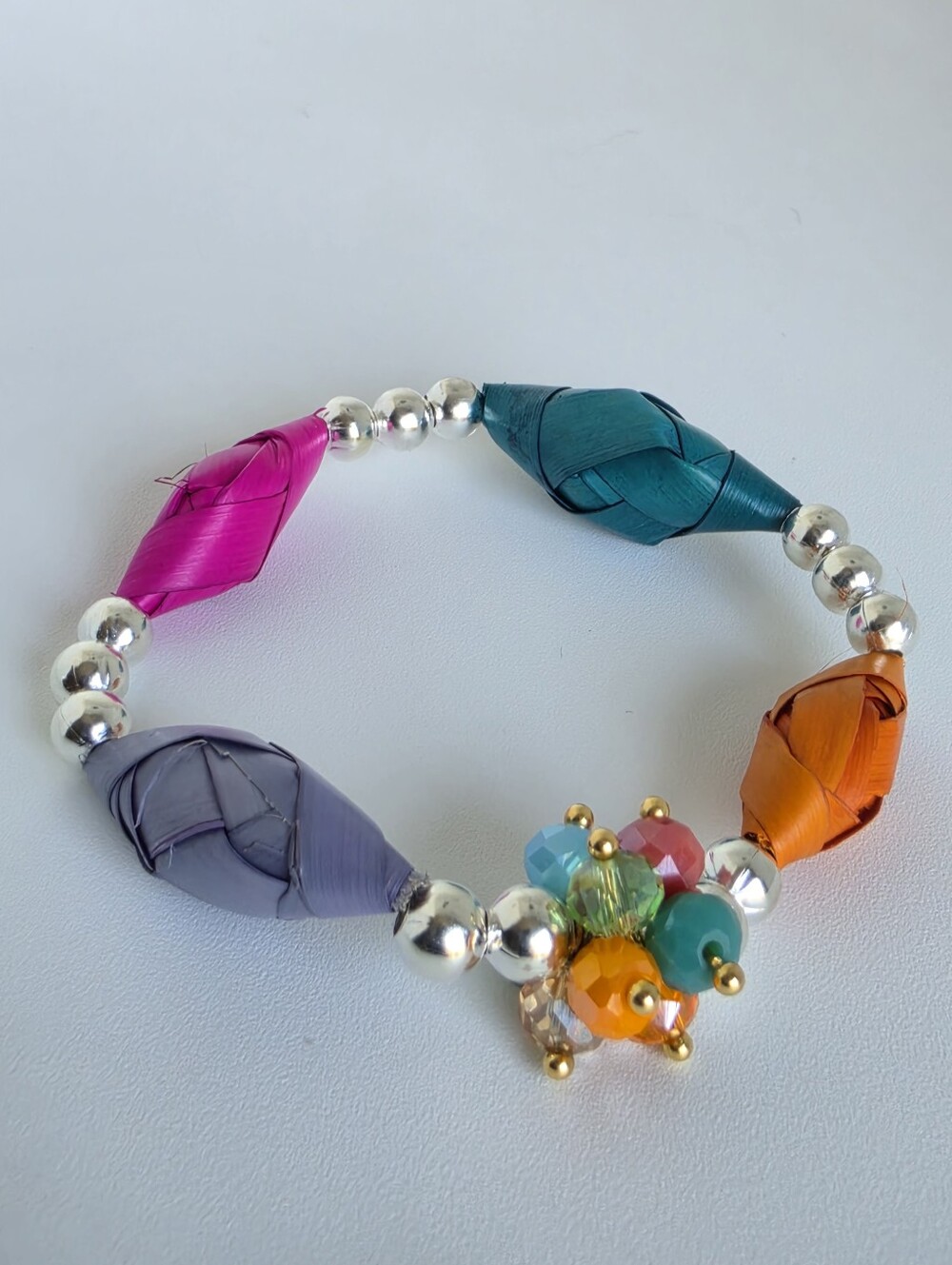 Handmade Colorful Palm Leaf Stretch Bracelet Silver Tone Beads Boho Artisan